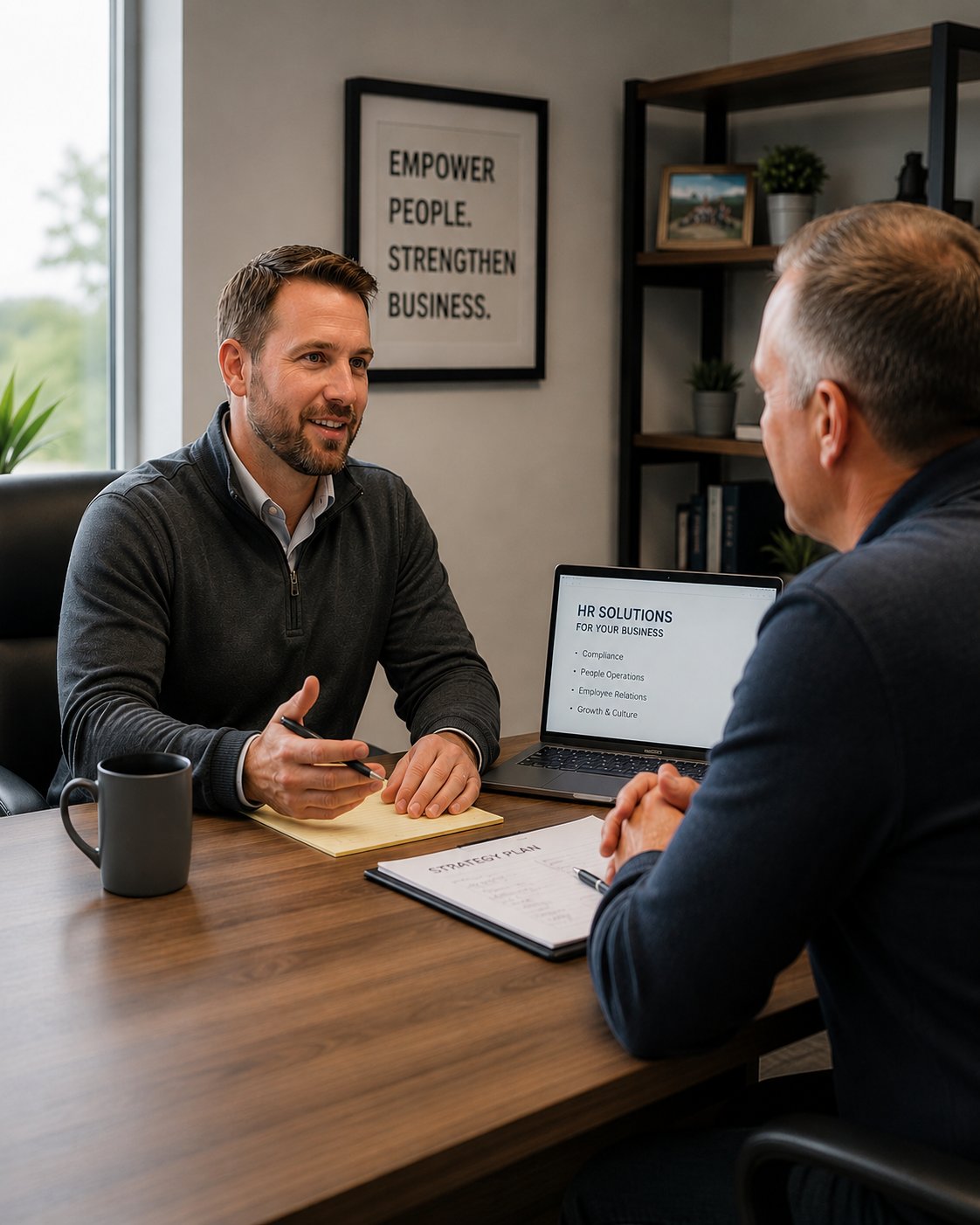 A Cassel HR consultant meeting with a small business owner in an office, reviewing an HR strategy plan on a laptop